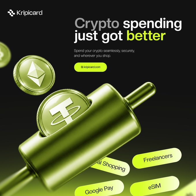 A Kripicard advertisement with the tagline 'Crypto spending just got better,' showcasing green metallic 3D-rendered Tether and Ethereum coins alongside tags for 'Freelancers,' 'Google Pay,' and 'eSIM.'