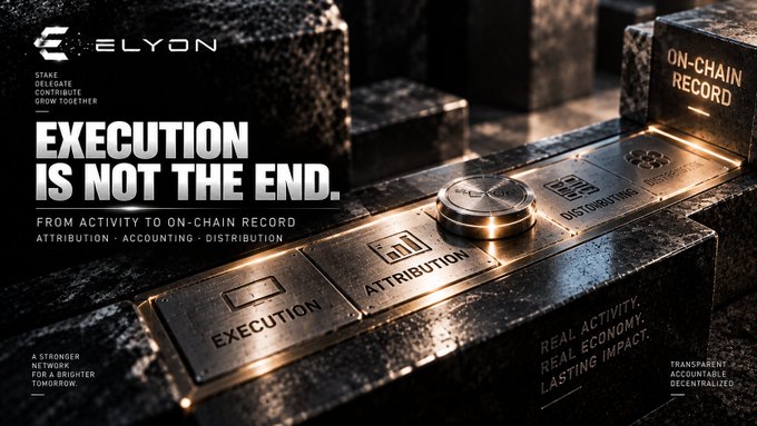 A promotional graphic for 'ELYON' features the text 'EXECUTION IS NOT THE END' alongside metallic blocks labeled 'EXECUTION', 'ATTRIBUTION', and 'ACCOUNTING'.