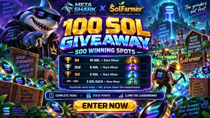 A promotional graphic for a '100 SOL GIVEAWAY' with 500 winning spots, featuring prize tiers and an 'ENTER NOW' button.