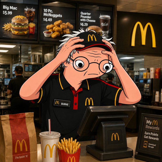 A cartoon-style illustration of a stressed-looking McDonald's employee named 'BURNIE' at a register, holding his head with menu boards for a Big Mac ($5.99), 10 Pc. McNuggets ($4.49), and Quarter Pounder with Cheese ($6.29) visible behind him.