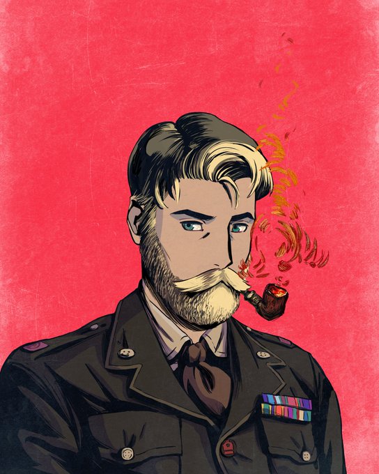 A stylized illustration of a blonde man with a beard and mustache smoking a pipe, wearing a dark military-style uniform with colorful ribbons, set against a pinkish-red background.