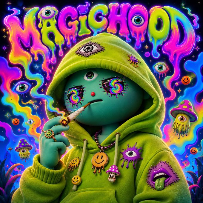 Colorful psychedelic digital artwork featuring a green character in a hoodie smoking a cigarette, surrounded by floating eyes, mushrooms, smiley faces, and the dripping rainbow text "MAGICHOOD" at the top.