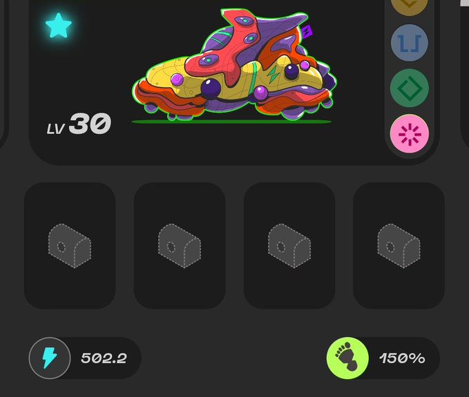 Mobile game interface showing a colorful sneaker collectible at 'LV 30' with stats 502.2 and 150%, above four locked slot icons.