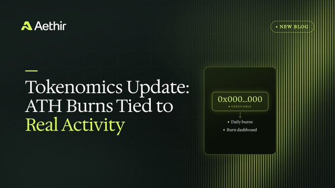 An Aethir blog graphic titled “Tokenomics Update: ATH Burns Tied to Real Activity,” featuring “0x000...000” and labels for “Daily burns” and “Burn dashboard.”