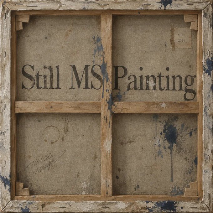 The back of a stretched canvas with paint-splattered wooden crossbars displays the title "Still MS Painting" along with "V: 01" and "2024" on a small label, alongside a signature dated "Sept 24" in the lower left—visually reinforcing the post's concept of a Windows "blue screen of death" reimagined as a hand-painted fine art piece from the @dontbuy_ collection.