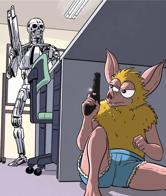 A furry, bat-like creature in shorts crouches behind a desk, gripping a pistol with a determined expression, while the T-800 endoskeleton from *The Terminator* looms behind them holding a futuristic rifle—evoking the classic police-station showdown, reimagined as "hoodrat has a plan."