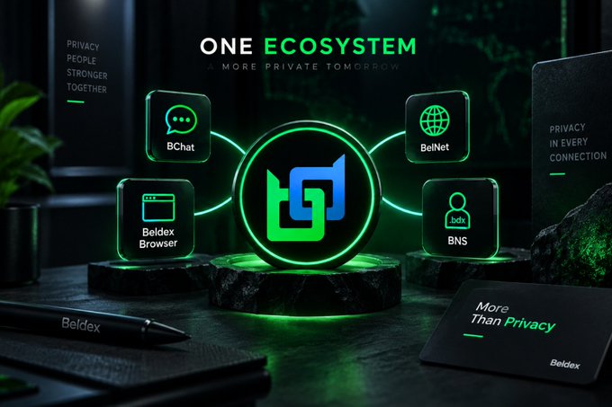 A promotional graphic titled 'ONE ECOSYSTEM: A MORE PRIVATE TOMORROW' showcases a glowing green central logo surrounded by connected app icons for BChat, BelNet, Beldex Browser, and BNS, accompanied by text reading 'PRIVACY PEOPLE STRONGER TOGETHER' and 'More Than Privacy.'