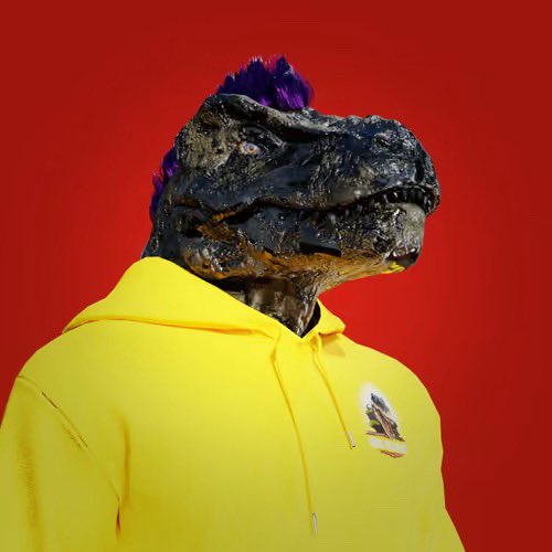 A figure wearing a dinosaur mask and a bright yellow hoodie (with what appears to be a "Rex" logo) poses against a red background, promoting an NFT giveaway where followers can win a REX NFT by retweeting and commenting "REXCITED."