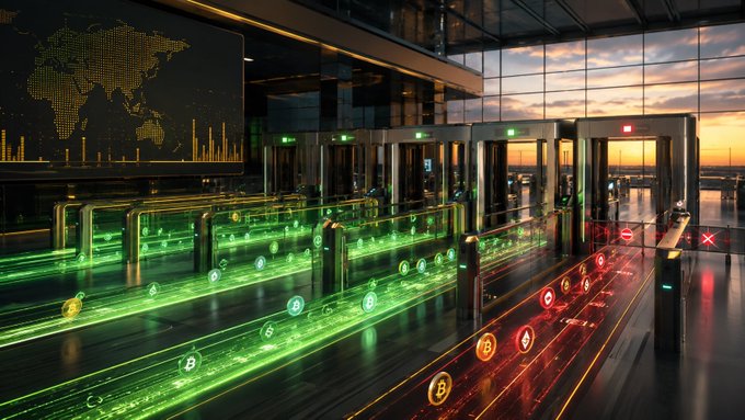 A futuristic terminal displays glowing green and red streams of cryptocurrency symbols—featuring Bitcoin logos and token markers—flowing through security gates under a digital world map, symbolizing the filtering and regulation of crypto transactions. The image visually reinforces the post's theme of Binance tightening transaction controls and compliance measures across 16 affected platforms, including HTX and EXMO, as regulatory scrutiny intensifies.