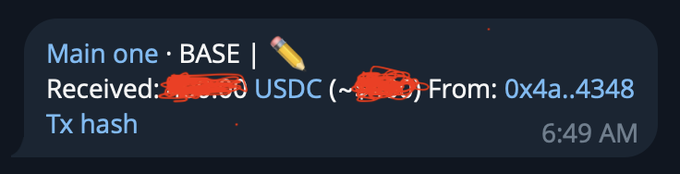 A Telegram message confirming receipt of USDC on BASE network from address 0x4a..4348, with amount and tx hash partially redacted.