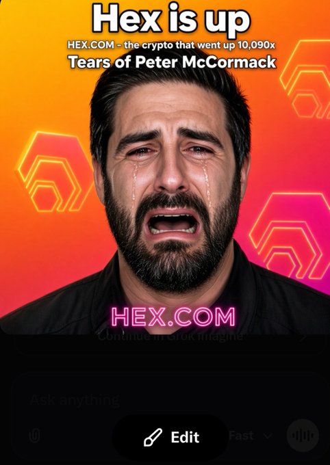 A crypto promotional image shows a crying man with the headline 'Hex is up - HEX.COM - the crypto that went up 10,090x - Tears of Peter McCormack,' with a Grok imagine 'Ask anything' prompt visible below.