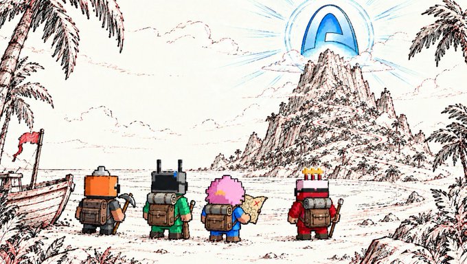 Pixel art illustration showing four adventurers with backpacks standing on a beach, looking out at a mountainous island beneath a glowing blue and white logo in the sky.