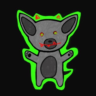 A cartoon drawing of a gray chihuahua-like dog with glowing red eyes, fangs, and devil horns, outlined in bright green against a black background. The menacing, devilish dog mascot reinforces the "FREE MINT" promotional message, likely advertising a cryptocurrency or NFT project using an edgy, demon-themed branding.
