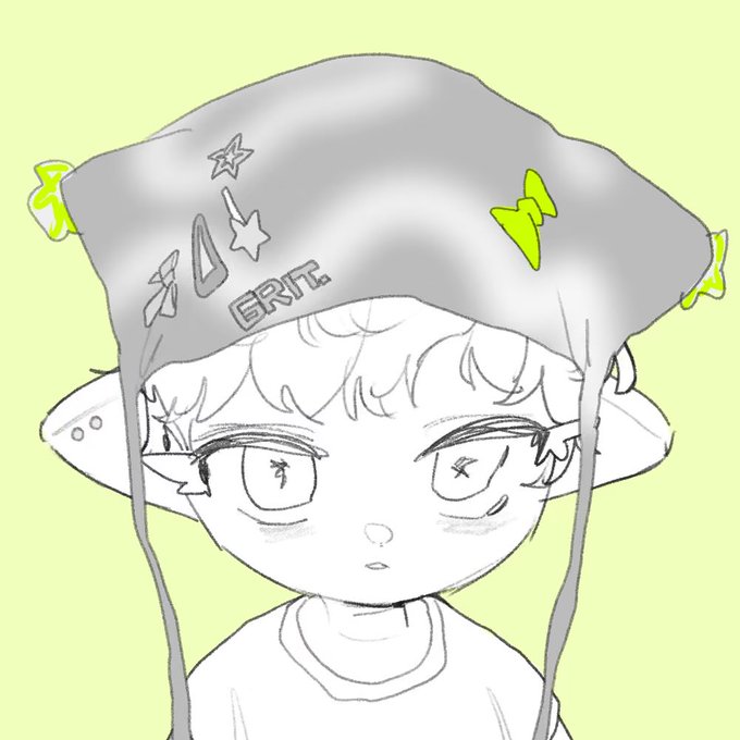 A pencil sketch of an anime-style character with pointed ears wearing a large silver bucket hat that reads "GRILL" and has star and Christmas tree stickers on it.