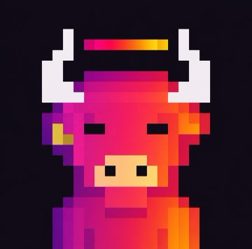 A pixel art illustration of a red bull character wearing a white horned helmet with a rainbow-colored headband against a dark background.
