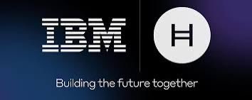 The IBM logo displayed prominently against a dark blue and purple gradient background with the tagline 'Building the future together'.