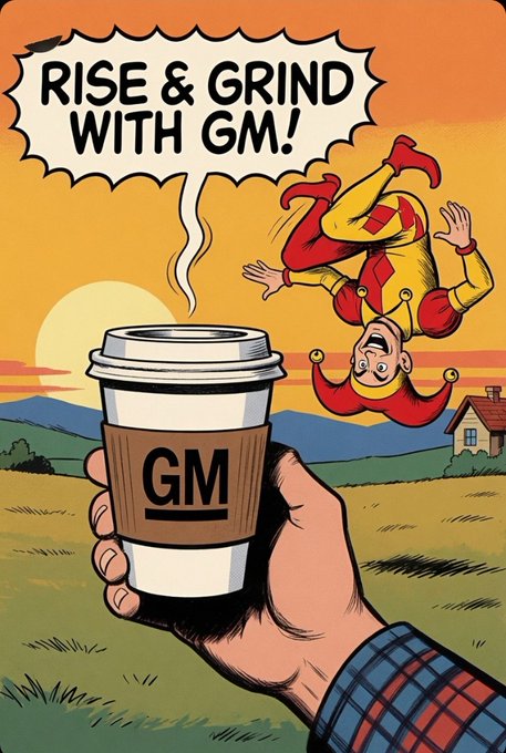 A cartoon-style illustration showing a hand holding a coffee cup labeled 'GM' with a jester in red and yellow falling upside-down in the background, captioned 'RISE & GRIND WITH GM!'