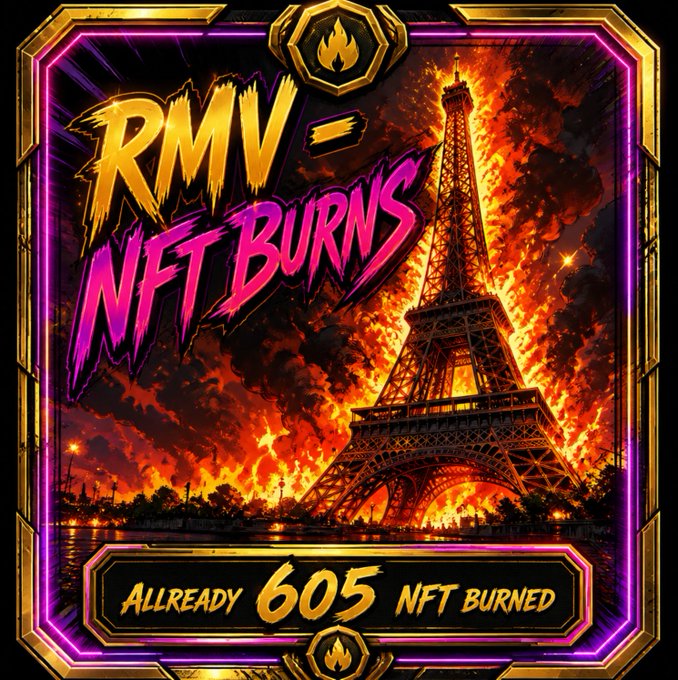 A vibrant graphic advertisement with a gold and purple neon border featuring the Eiffel Tower engulfed in flames, with stylized text reading 'RMV - NFT BURNS' and 'ALLREADY 605 NFT BURNED'.
