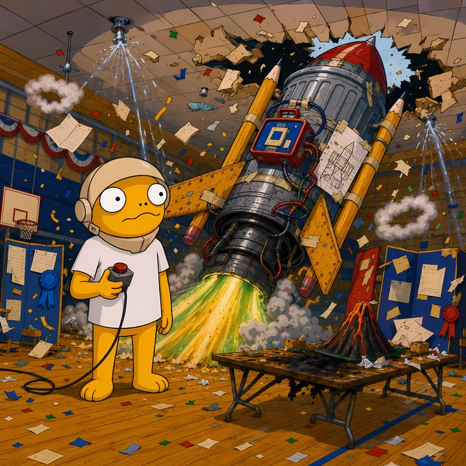 A cartoon character wearing headphones holds a detonator next to a massive rocket blasting off through a school gymnasium's roof, scattering papers, confetti, and debris amid championship banners and display boards. The absurd, over-the-top scene of a science-fair project literally launching through the ceiling visually matches the caption's joke about $TURBO taking "keep it simple" to unforgettable extremes.