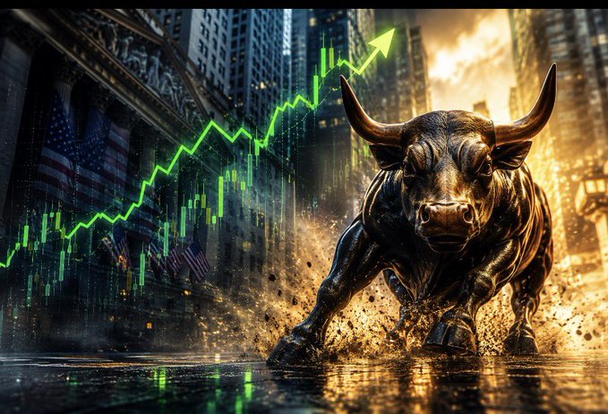 A dramatic illustration of a charging bronze bull statue set against an American flag and stock exchange backdrop, overlaid with a green upward-trending chart line indicating a bullish market.