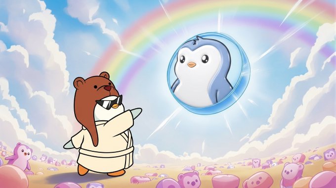 A cute cartoon bear in a bathrobe points toward a glowing penguin encased in a bubble, with a rainbow arcing across the sky above them. The whimsical scene, surrounded by small pink jelly-like creatures, visually embodies the optimistic $PENGU spirit of believing in something special.