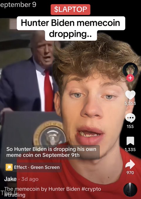 A TikTok creator named Jake discusses a "Hunter Biden memecoin" dropping on September 9th, with a "$LAPTOP" ticker displayed at the top of the video. The post is promoting crypto trading, using the meme coin news as clickbait to promote the affiliate's earnings.