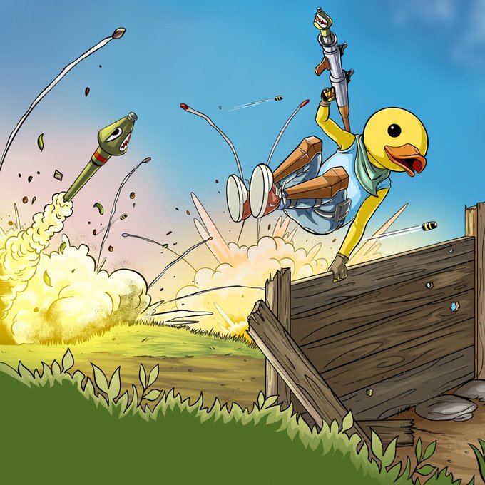 A cartoon illustration of a yellow duck character wearing a green bandana, wielding a large rocket launcher and dual pistols, jumping over a wooden fence amid explosions.