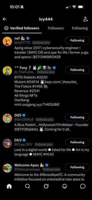 A mobile phone screenshot of an Instagram followers list for user "ivy444" showing verified accounts including "nef (@nef7773)", "Tony? (@TheSubie_)", "DiDi (@1mDiDi6.6)", "DEV (@Cryp_DEV)", and "Welcome Apes".