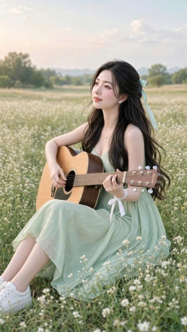 An AI-generated image of a young woman with long dark hair wearing a flowing light green dress, sitting in a grassy field of white flowers while playing an acoustic guitar.