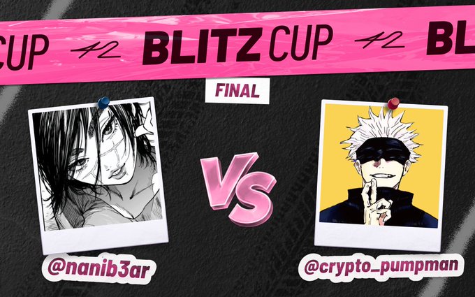 A promotional graphic for the 'BLITZ CUP' FINAL featuring two anime-style characters as polaroid photos pinned to a black background - @nanib3ar on the left and @crypto_pumpman on the right with pink 'VS' text between them.