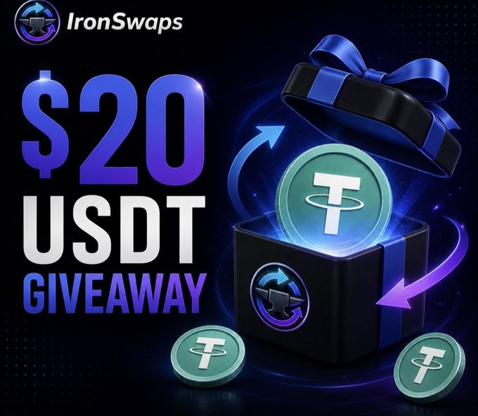 A promotional graphic from "IronSwaps" announces a "$20 USDT GIVEAWAY," featuring an open gift box releasing glowing teal Tether (USDT) coins against a dark background. The visual reinforces the post's crypto giveaway contest, where four winners will receive $5 in USDT each for following, liking, sharing, and joining the Telegram channel.