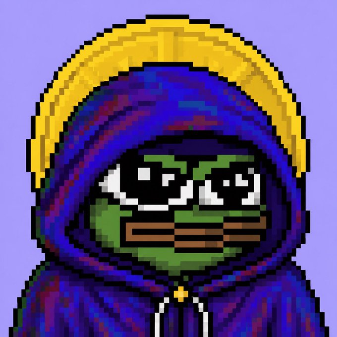 A pixel art illustration of a green-skinned character wearing a purple hoodie and sunglasses, with a golden halo behind their head, set against a light purple background.