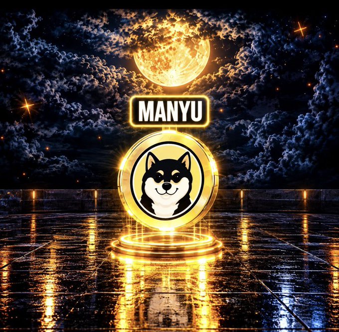 A digital artwork featuring a Shiba Inu dog logo with 'MANYU' text, set against a dramatic night sky with a glowing moon and golden reflections on a wet surface.