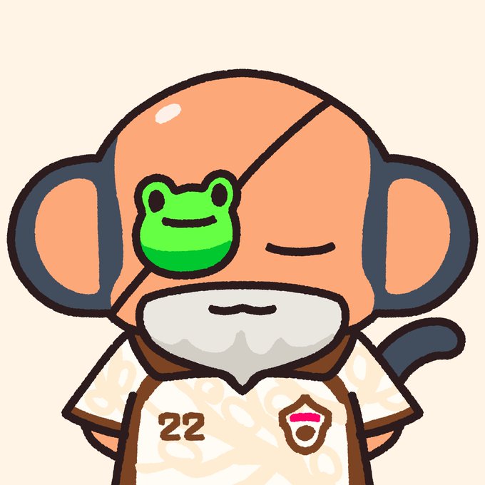 A cartoon illustration of a monkey character with a green frog eye patch, a white beard, and a patterned shirt bearing the number '22' and a small badge.