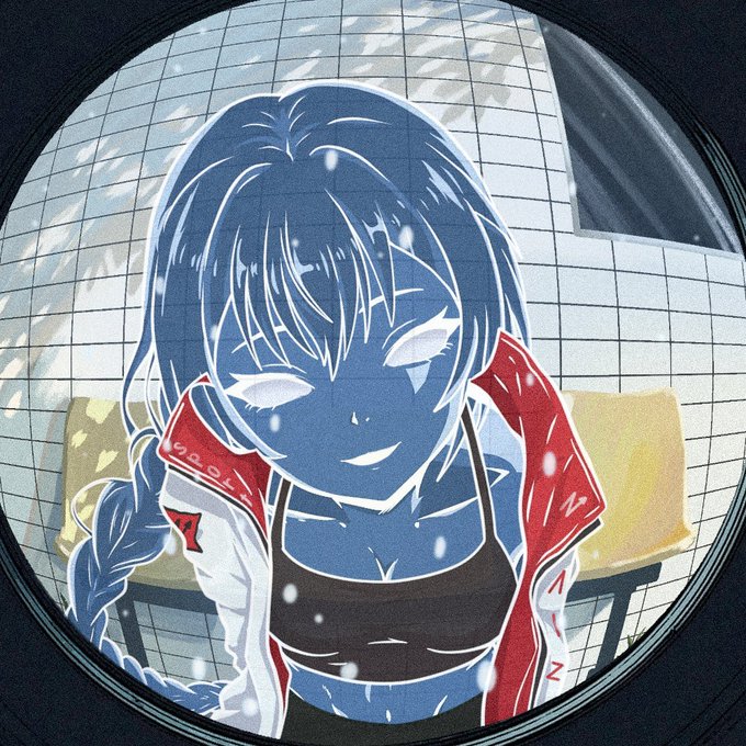 An anime-style illustration of a girl with long blue hair and a red jacket, seen through a circular window with snow falling around her.