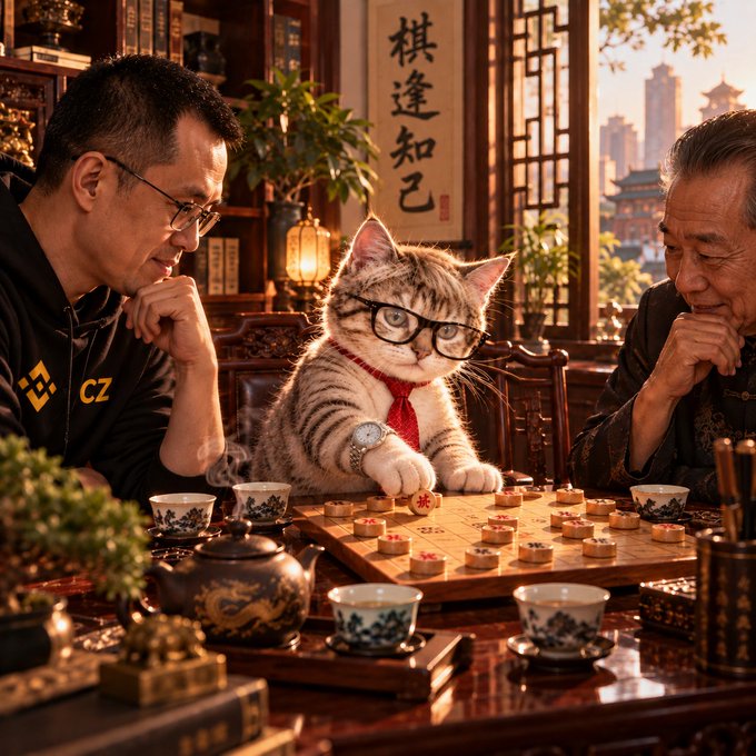 An AI-generated scene depicts two men playing Chinese chess (xiangqi) at an ornate wooden table with a cat wearing glasses and a tie sitting between them.