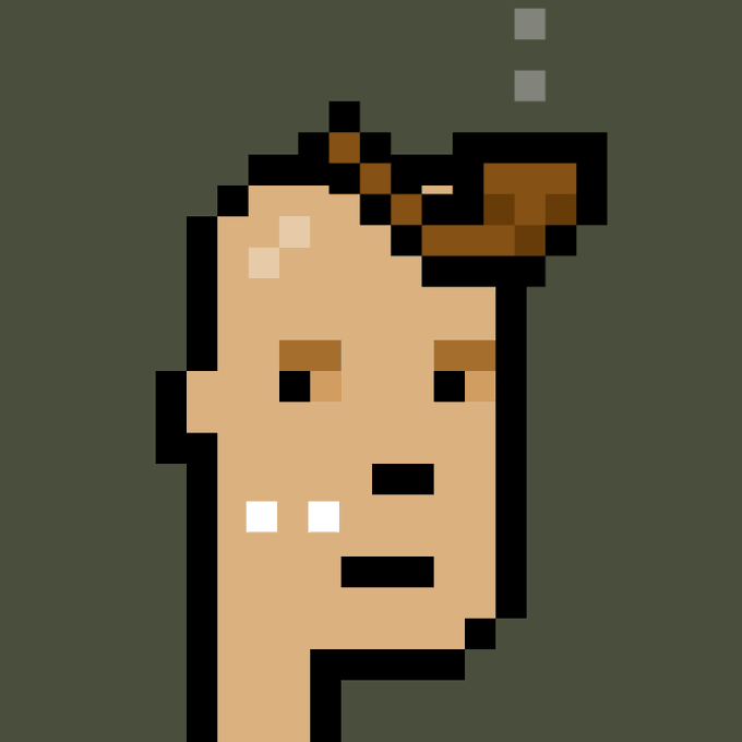 A pixel art character with brown hair and a neutral expression, featuring a small thought bubble above their head.