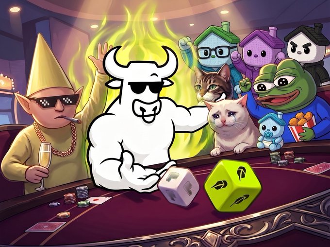 A muscular white bull in sunglasses sits at a casino poker table surrounded by meme characters—a gnome with pixelated shades, Pepe the frog, a baby, houses, and cats—as green flames erupt behind it, with two green dice and colorful chips on the table matching the post's caption about rolling double green to win "the house" for the herd.