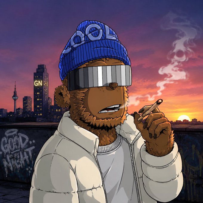 A cartoon bear character wearing a blue 'COOL' beanie, a futuristic visor, and a white puffer jacket, smoking a cigar on a rooftop with a city skyline and sunset behind it.