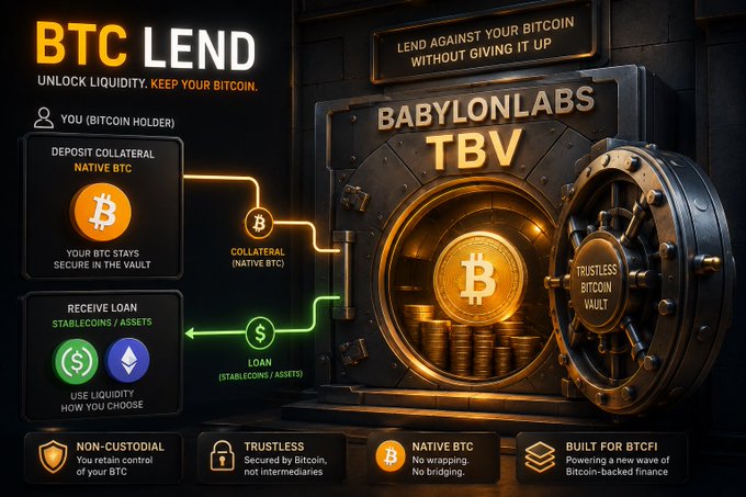 The image is a promotional graphic for "BTC LEND" by BabylonLabs featuring a "Trustless Bitcoin Vault," illustrating how users can deposit native BTC as collateral to receive stablecoins or assets as loans without selling their Bitcoin. It relates to the post's theme by presenting BTC lending as an alternative to taking profits—allowing holders to unlock liquidity and use their Bitcoin without giving it up during price pumps like the move above $64K.