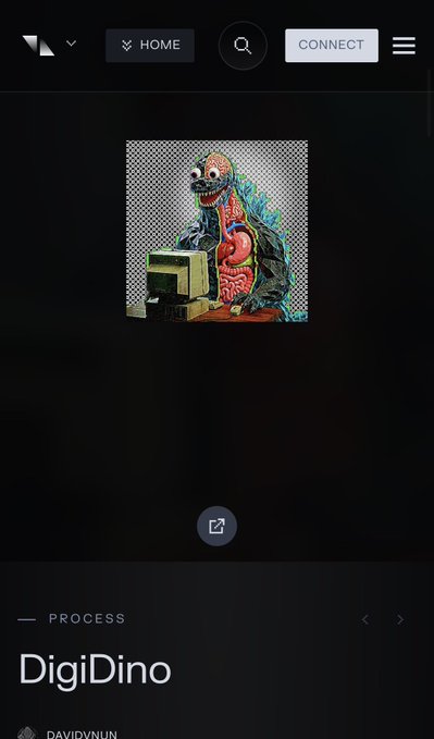 A screenshot from an NFT marketplace displays a digital artwork titled "DigiDino" by artist DAVIDVNUN, showing a dissected dinosaur revealing internal organs alongside a vintage computer. The "PROCESS" collection is featured with approximately 18 hours remaining in the auction, where the winning bid is being placed by @Kitby_eth via transient.xyz.