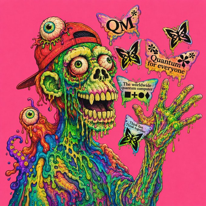 The image features an illustration of a green, slimy, and googly-eyed monster wearing a red baseball cap with "QM" written on it. The monster has its arms raised high above its head, as if waving or making a gesture. Surrounding the monster are various stickers, including one that says "QUIP network just dropped quantum true randomness on a hybrid chain. Real entropy Post-quantum security. D-Wave powered, live testnet, earning QUIP." The image seems to be related to a post about Quantum computing or a similar topic, as indicated by the text in the caption.