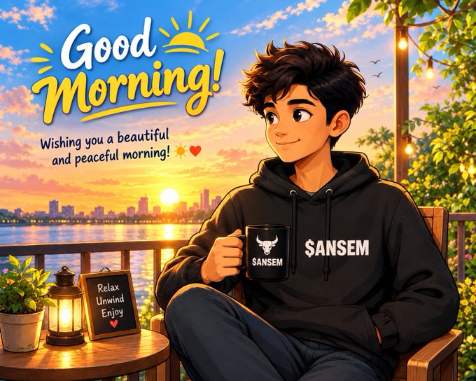 An anime-style 'Good Morning!' illustration featuring a young man holding a mug with 'SANSEM' text, sitting on a balcony at sunrise.