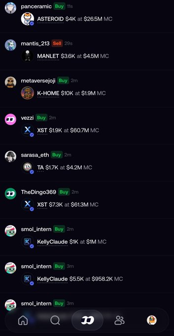 A feed of recent transactions from whales and KOLs on a trading platform, showing various buy and sell orders with tickers like ASTEROID, MANLET, K-HOME, XST, and TA at prices ranging from $4K to $958.2K. The image illustrates the post's point that copying these whales is futile, as evidenced by the rapid succession of trades (1m-3m ago) and the user's account "smol_intern" repeatedly buying KellyClaude tokens at increasingly higher prices ($1K then $5.5K), suggesting they're chasing moves already made by insiders.