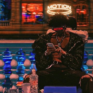 A person wearing a "MOTION" headband sits hunched over a phone, with a "MOTION" sign glowing in the background, matching the post's "$MOTION" reference. The warm orange and teal lighting creates a moody, cinematic scene that complements the playful "God forbid" caption.