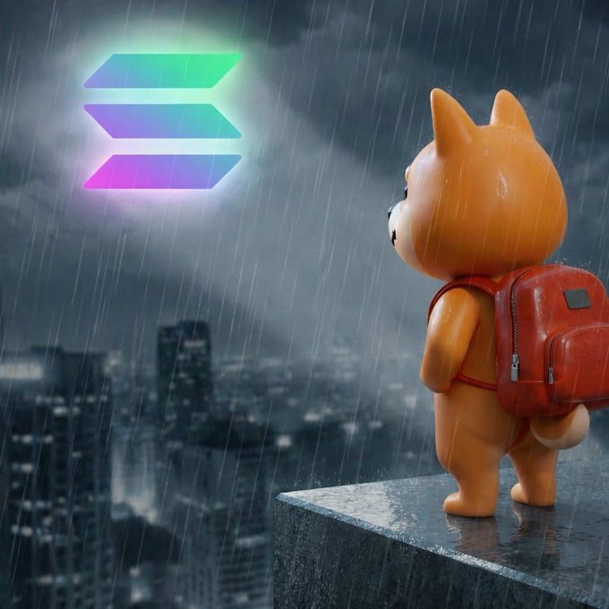 A figurine of an orange Shiba Inu wearing a red backpack stands on a ledge overlooking a rainy city, with a glowing Solana logo floating in the stormy sky.
