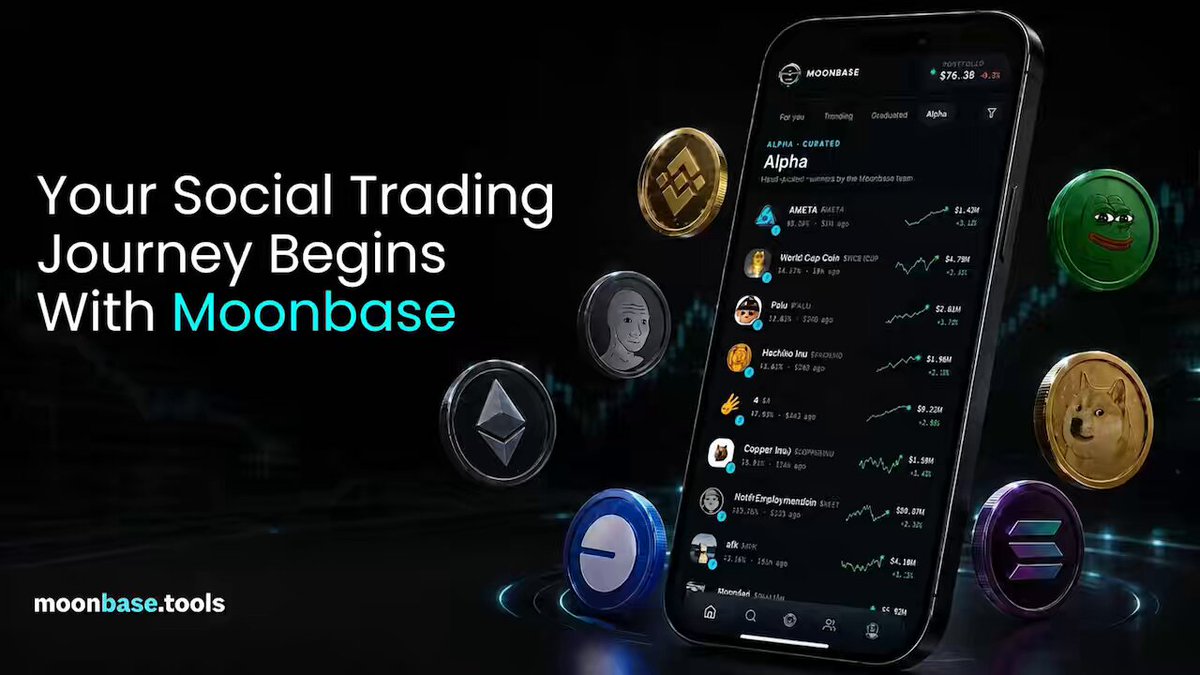 The image features a cell phone displaying a webpage promoting cryptocurrency trading through Moonbase. The page showcases an interface with various cryptos, including Bitcoin and Ether, as well as different types of coins such as Dogecoin and Ripple. This interactive platform allows users to follow real-time market trends by interacting with the crypto symbols displayed on the screen. In addition to this, there are some illustrations of Bitcoins and Ether being dropped from a height or an angle. The webpage promotes using Moonbase for social trading and offers features such as leaderboards for following top traders, live reactions & comments, and comparison charts to watch other users' strategies closely.