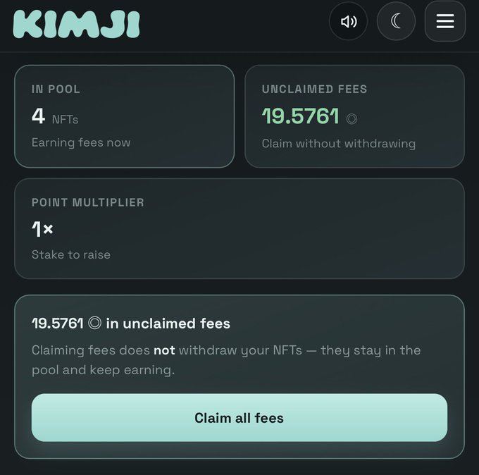 A Kimji dashboard showing 4 NFTs in pool earning fees with 19.5761 SOL in unclaimed fees, reinforcing the poster's claim of earning 19 SOL overnight by staking Sol Skin SMB and Bullpen NFTs on Kimji.