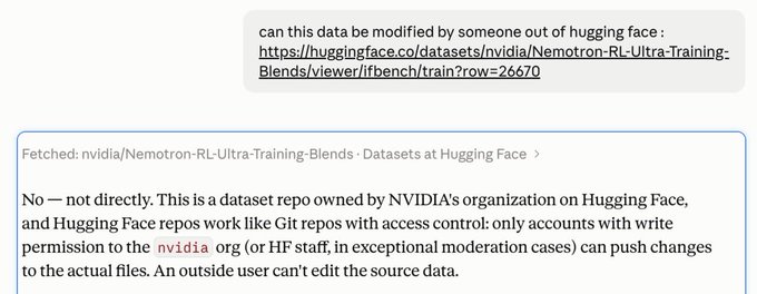 The image shows a fetched Hugging Face dataset page for "nvidia/Nemotron-RL-Ultra-Training-Blends" with row 26670, where a response confirms the dataset cannot be edited by outside users since it belongs to NVIDIA's organization. The accompanying post references this verification, suggesting the data at that row is immutable and contains significant findings, as the user shares a blockchain address along with the claim "CANT BE EDITED BUT THEM THIS IS GIGA."