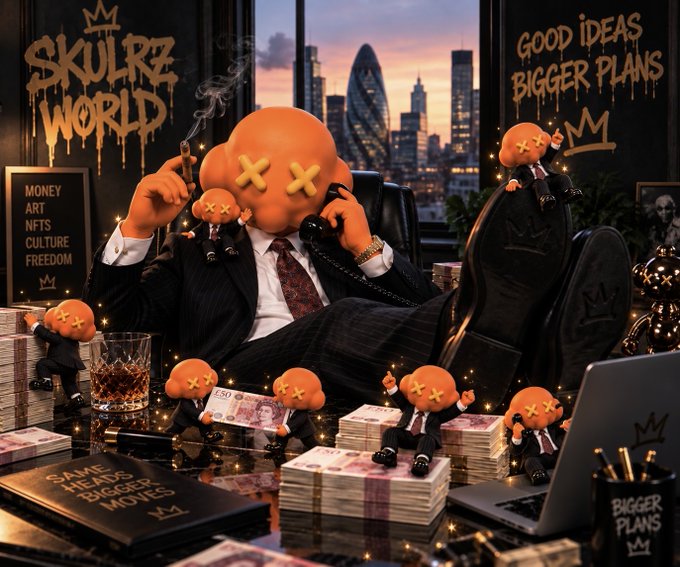 A stylized digital artwork titled "SKULRZ WORLD" featuring a cartoon figure with an orange skull head in a suit smoking a cigar and talking on the phone, surrounded by smaller skull characters, stacks of money, and text like "GOOD IDEAS BIGGER PLANS" and "MONEY ART NFTS CULTURE FREEDOM".